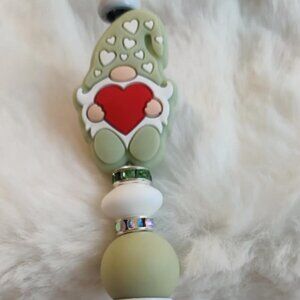 Hand Beaded Pen~Gnomes~Sage Green and White
